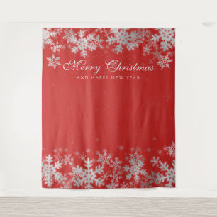 Backdrop Christmas Holiday Silver Snowflakes Red Tapestry