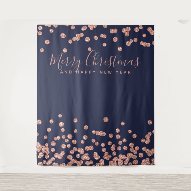 Backdrop Christmas Rose Gold Navy Blue Confetti Tapestry (Front)