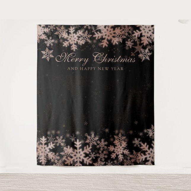 Backdrop Christmas Rose Gold Snowflakes Black Tapestry (Front)