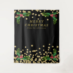 Backdrop Gold Black Merry Christmas Holly Glitter Tapestry