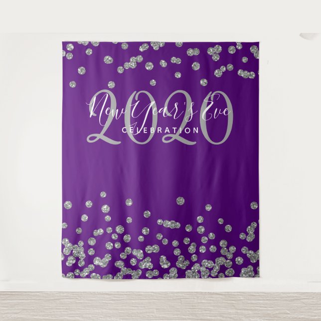 Backdrop New Year's Eve Silver Purple Confetti Tapestry (Front)