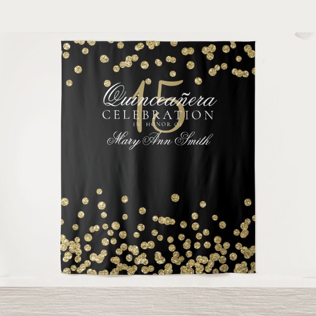 Backdrop Quinceanera Party Gold Black Confetti Tapestry (Front)