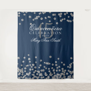 Backdrop Quinceanera Party Silver Navy Confetti Tapestry