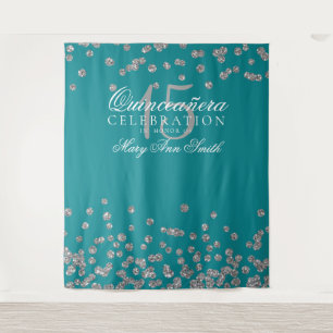 Backdrop Quinceanera Party Silver Teal Confetti Tapestry