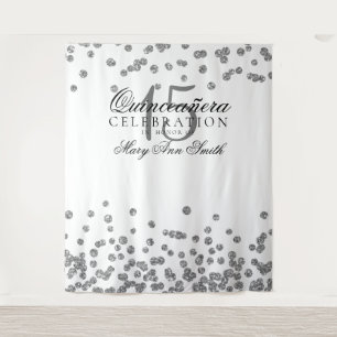 Backdrop Quinceanera Party Silver White Confetti Tapestry