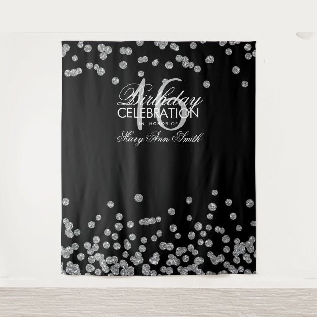 Backdrop Sweet 16 Black Silver Glitter Confetti Tapestry (Front)