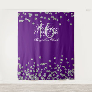 Backdrop Sweet 16 Purple Silver Glitter Confetti Tapestry