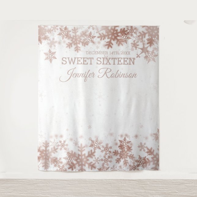 Backdrop Sweet 16 Rose Gold Winter Snowflakes Tapestry (Front)
