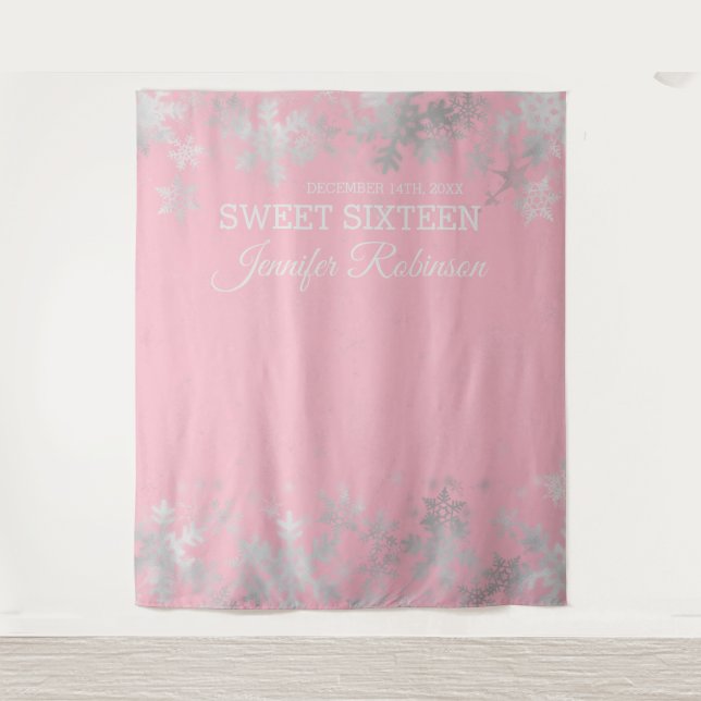 Backdrop Sweet 16 Silver Blush Winter Snowflakes Tapestry (Front)