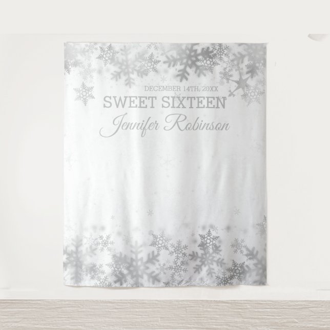 Backdrop Sweet 16 Silver Winter Snowflakes Tapestry (Front)