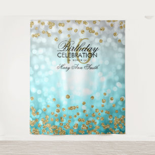 Backdrop Sweet 16 Teal Ombre Gold Lights Confetti Tapestry