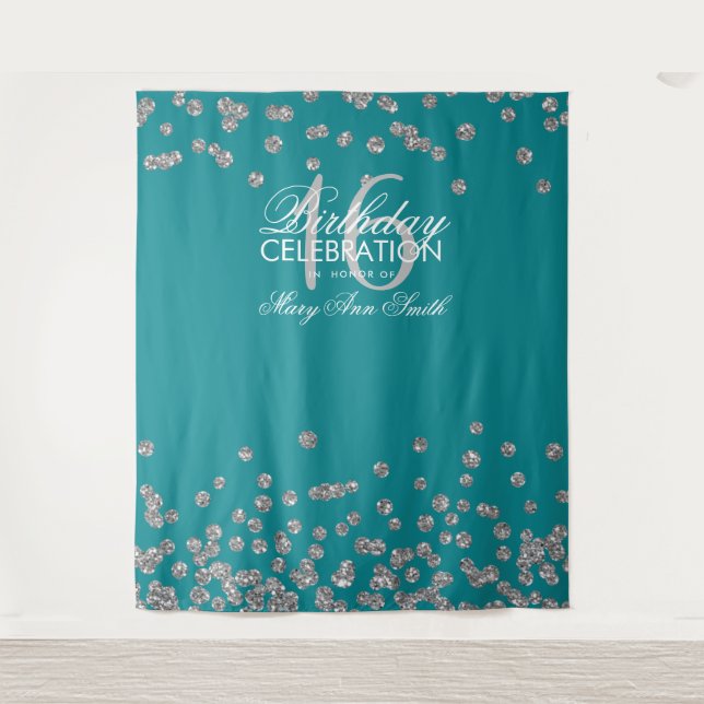Backdrop Sweet 16 Teal Silver Glitter Confetti Tapestry (Front)
