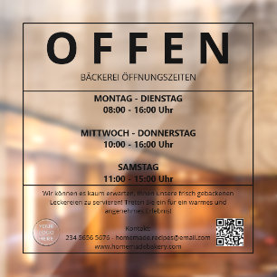 Bäckerei Öffnungszeiten Fensteraufkleber offen Window Cling