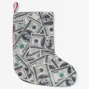 Background 100 Dollar Bills. Small Christmas Stocking