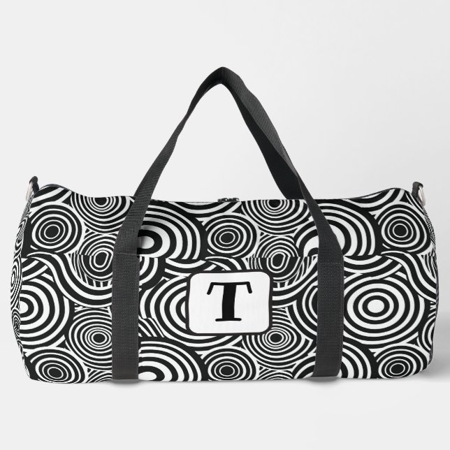 Background black & white abstract lines circles 3 duffle bag (Front)