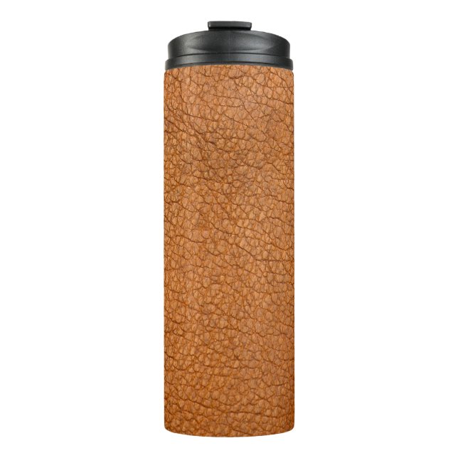 Background leather brown close up thermal tumbler (Front)