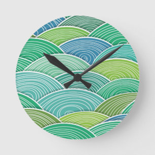 Background of curled abstract green waves round clock