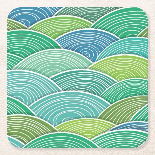 Background of curled abstract green waves square paper coaster (Front)