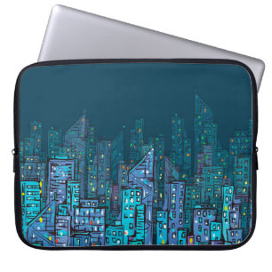 Background of night Cityscape. Hand drawn illustra Laptop Sleeve