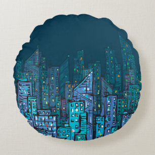 Background of night Cityscape. Hand drawn illustra Round Cushion