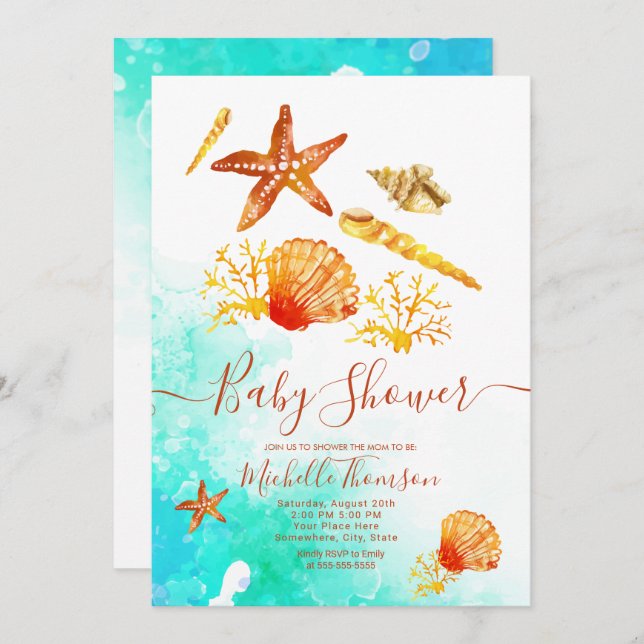 Background tropical beach aquarelae blue summer invitation (Front/Back)