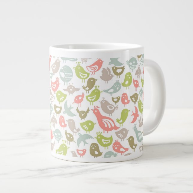 background with colourful birds ornament large coffee mug (Front Right)