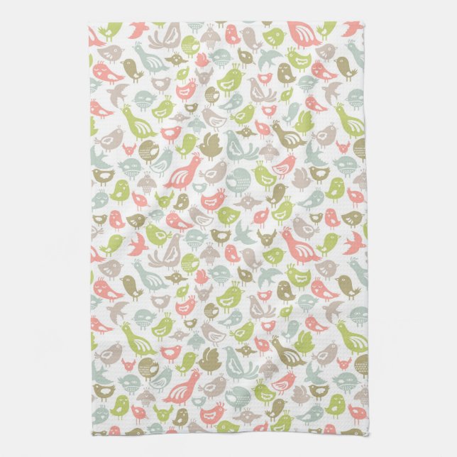 background with colourful birds ornament tea towel (Vertical)