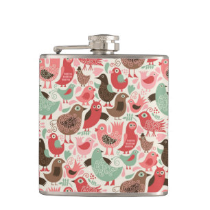 background with cute birds hip flask