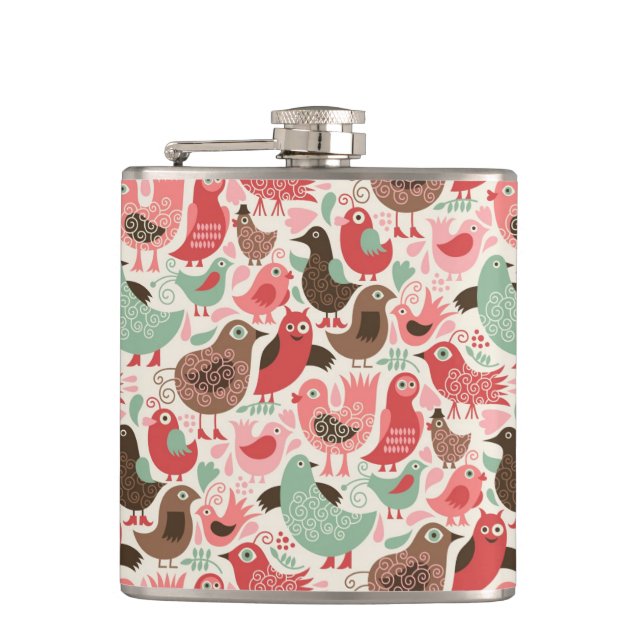 background with cute birds hip flask (Front)