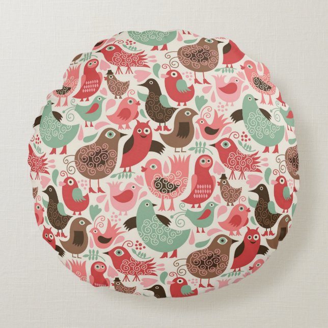background with cute birds round cushion (Front)