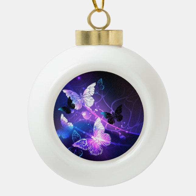 Background with Night Butterflies Ceramic Ball Christmas Ornament (Front)