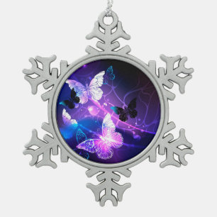 Background with Night Butterflies Snowflake Pewter Christmas Ornament
