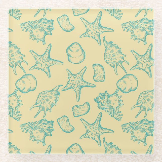 Background with shells. Hand drawn Glass Coaster (Front)