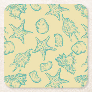 Background with shells. Hand drawn Square Paper Coaster
