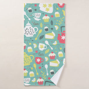 Background with Teapots, Cups, Lemon, Flowers a Bath Towel