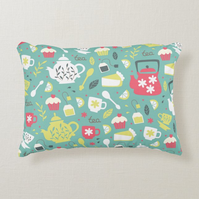 Background with Teapots,  Cups,  Lemon,  Flowers a Decorative Cushion (Front)