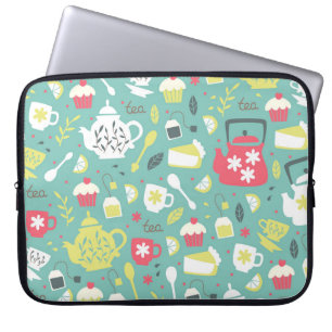 Background with Teapots, Cups, Lemon, Flowers a Laptop Sleeve