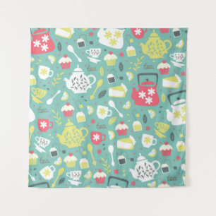 Background with Teapots, Cups, Lemon, Flowers a Tapestry
