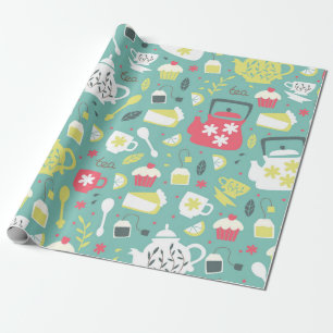 Background with Teapots,  Cups,  Lemon,  Flowers a Wrapping Paper