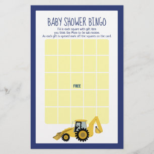 Backhoe Construction Baby Shower Bingo Game