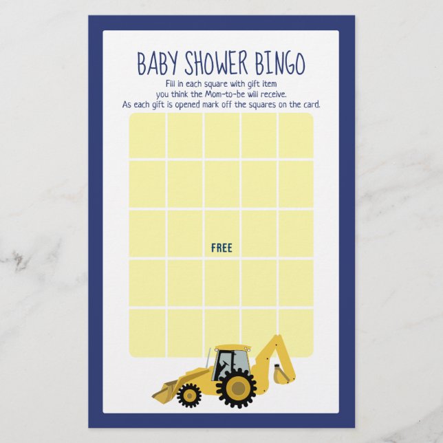 Backhoe Construction Baby Shower Bingo Game (Front)