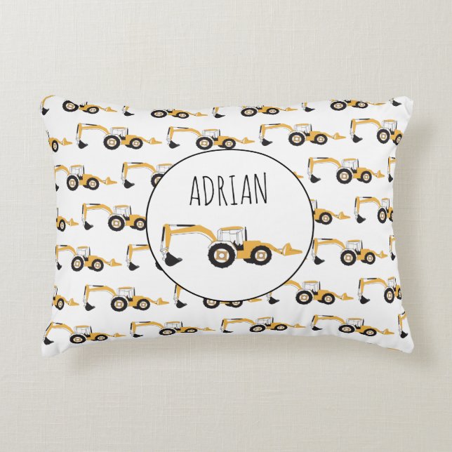 Backhoe Construction Truck Custom Name Decorative Cushion (Front)