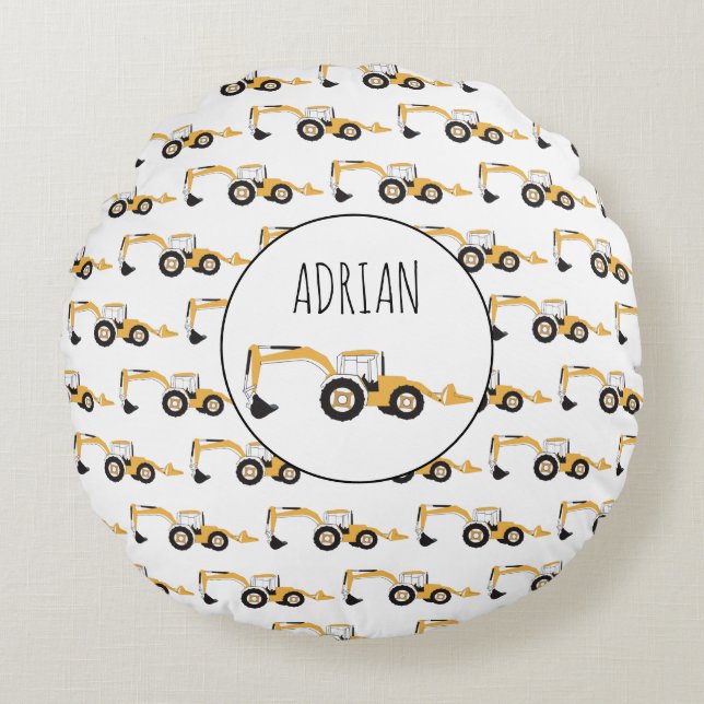 Backhoe Construction Truck Custom Name Round Cushion (Front)