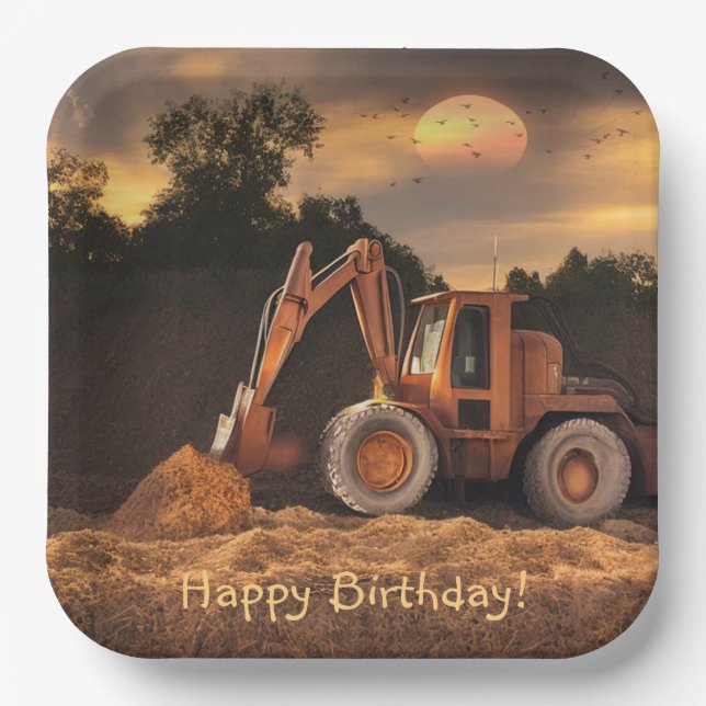 Backhoe Happy Birthday Paper Plate (Front)