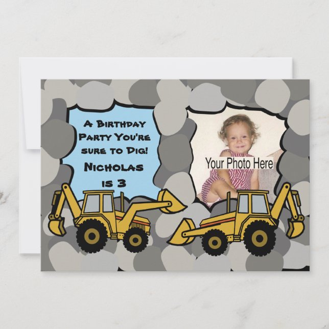 Backhoe Quary Birthday Photo Invitation (Front)