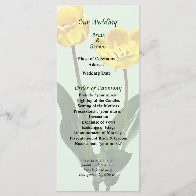 Backlit Yellow Tulips Wedding Program Programme (Front)