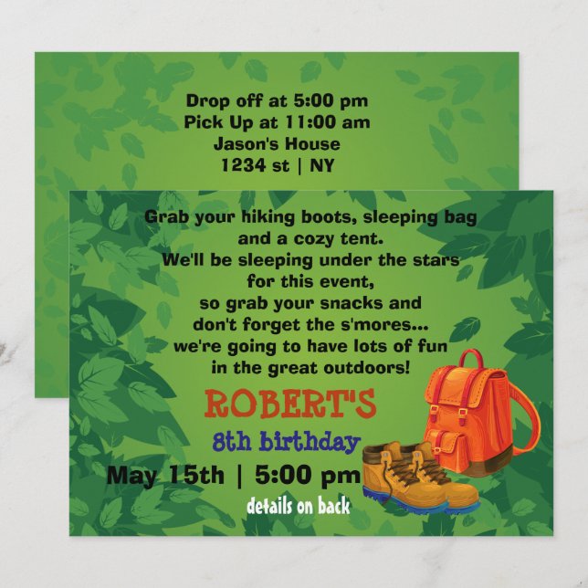 BackPack & Boots Camping Party Birthday Invitation (Front/Back)