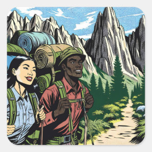 Backpacking Couple Hiking Trail through Mountains Square Sticker