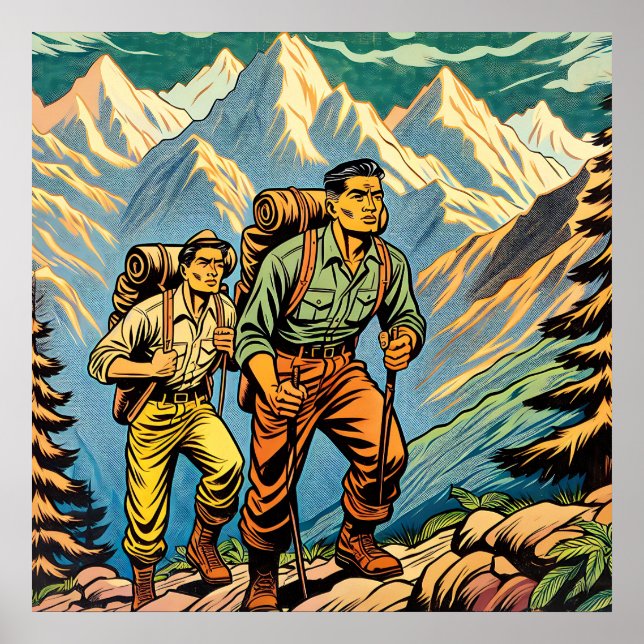 Backpacking Men Hiking Trail through Mountains Poster (Front)