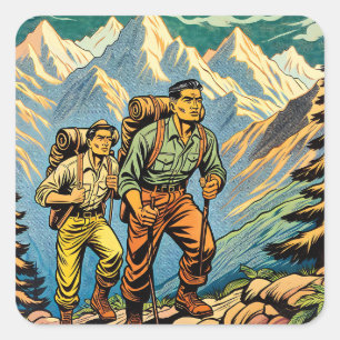 Backpacking Men Hiking Trail through Mountains Square Sticker